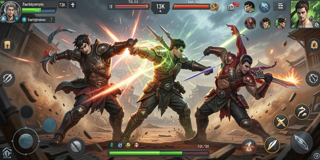 Screenshot gameplay 73K yang menampilkan aksi pertarungan epik.
