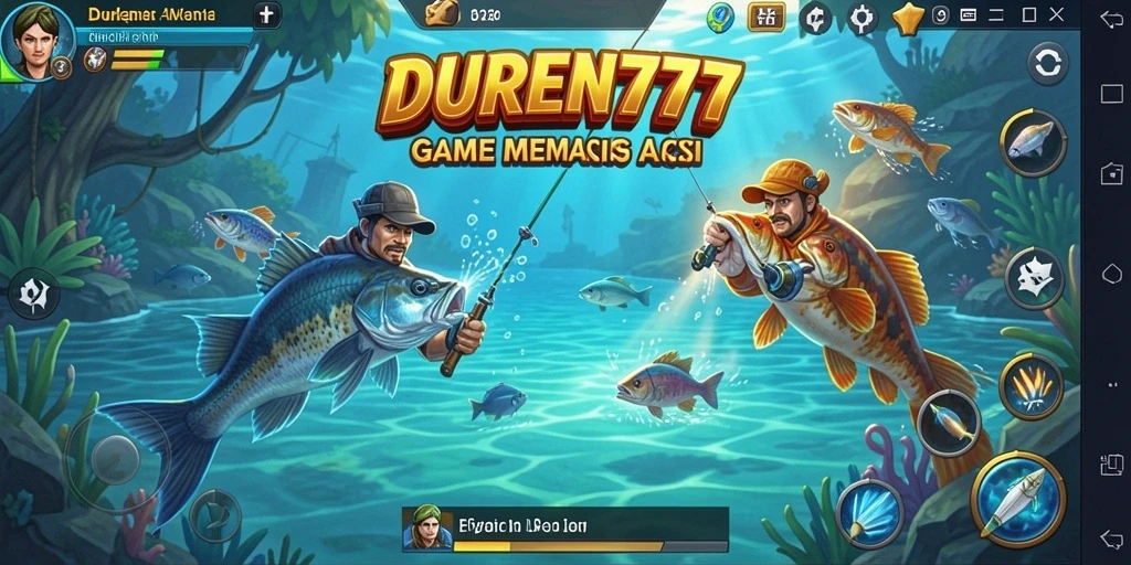 Screenshot gameplay DUREN777 yang menampilkan pemain tengah memancing di danau indah.