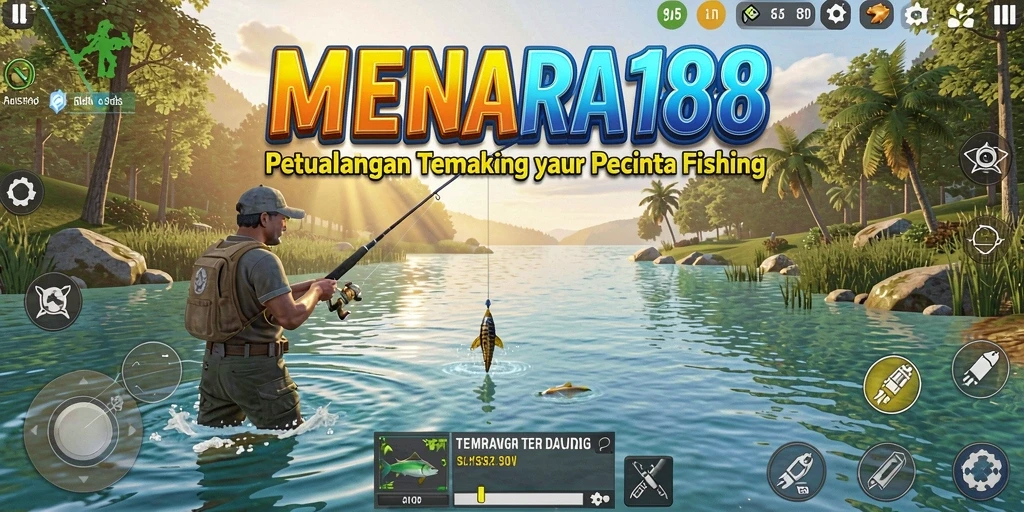 Screenshot utama game MENARA188 menunjukkan pengguna sedang memancing di lokasi yang indah.