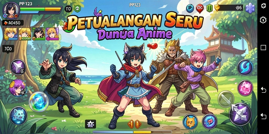 Screenshot gameplay PP123 menampilkan pertarungan karakter anime yang dinamis.