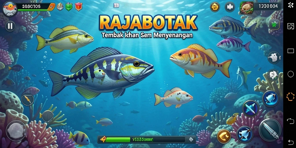 Tampilan gameplay seru dalam RAJABOTAK saat menembak ikan.