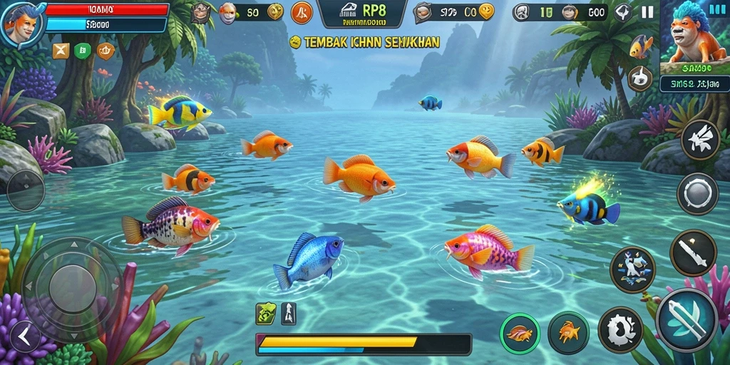 Screenshot gameplay RP8 menampilkan aksi menembak ikan yang mendebarkan.
