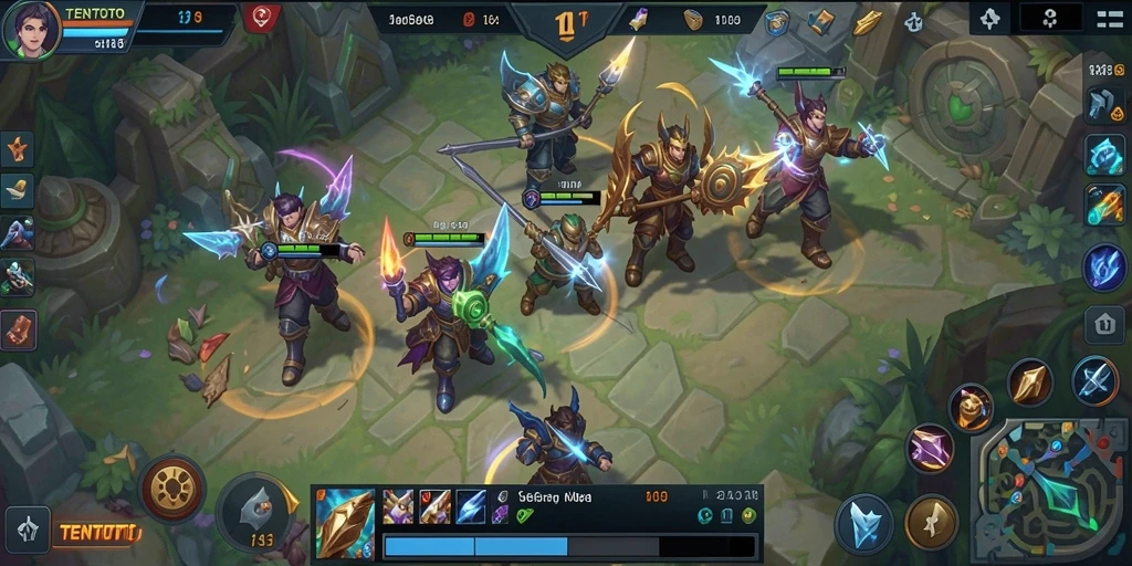 Tampilan gameplay seru di arena TENTOTO dengan aksi MOBA yang mendebarkan.